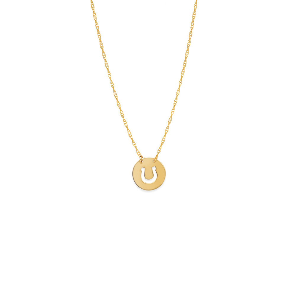 14K Solid Yellow Gold Mini Disk Horse Shoe Necklace